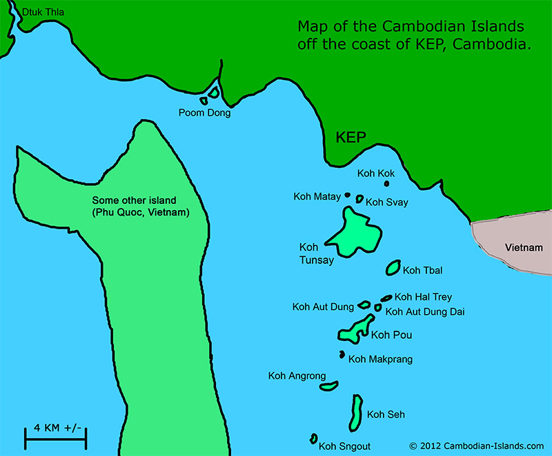 Kep Island Map.  Kep, Cambodia's Islands Map.